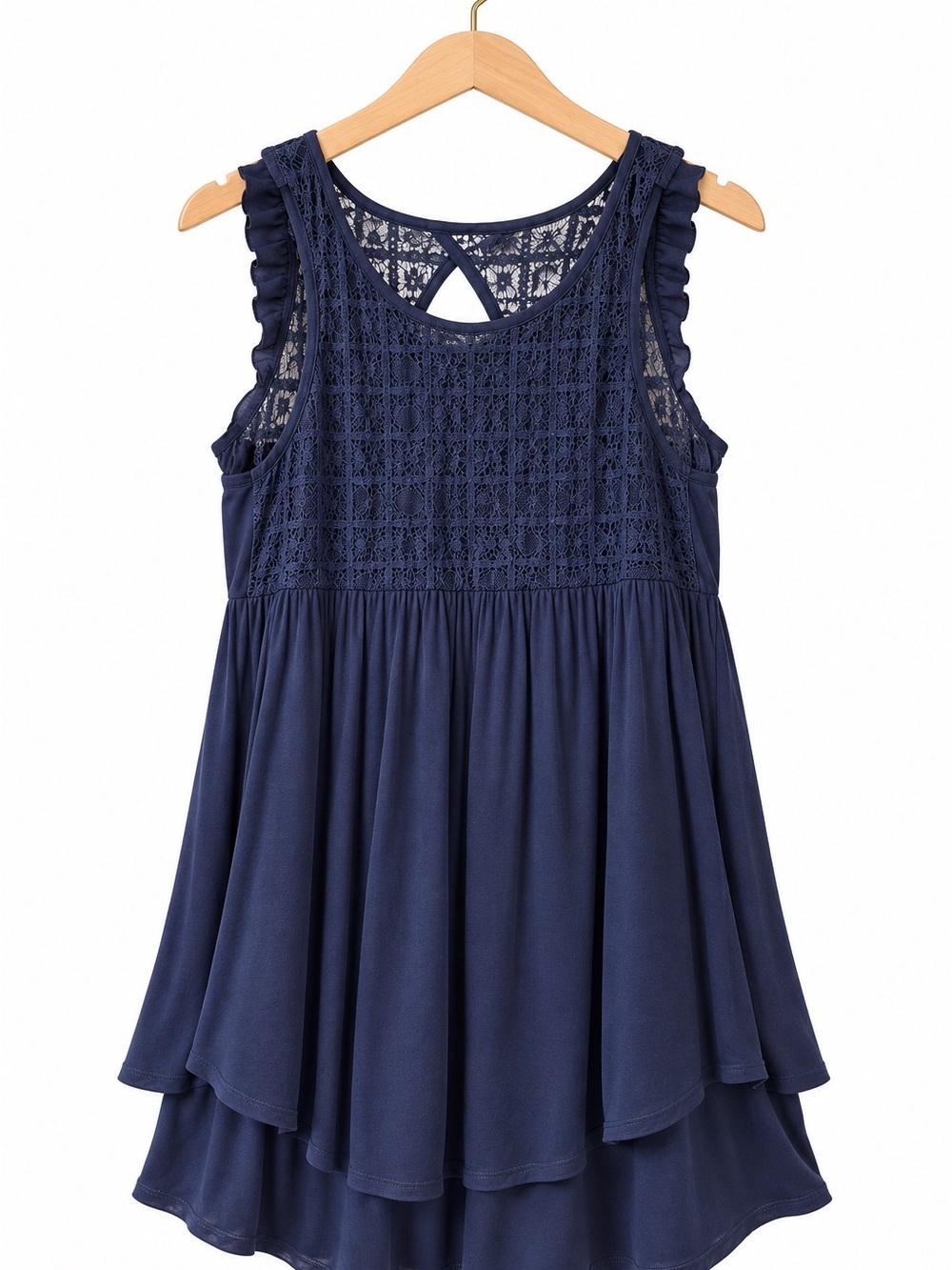 Sleeveless Lace Yoke Tank Top - Navy